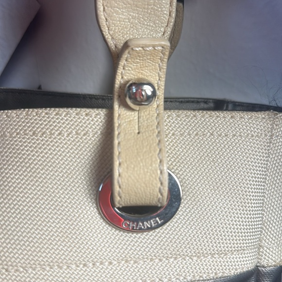 Used] CHANEL Paris Biarritz PM handbag tote bag canvas leather gray ivory/grey - Picture 11 of 16